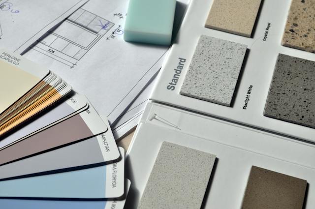 A selection of paint and countertop swatches.