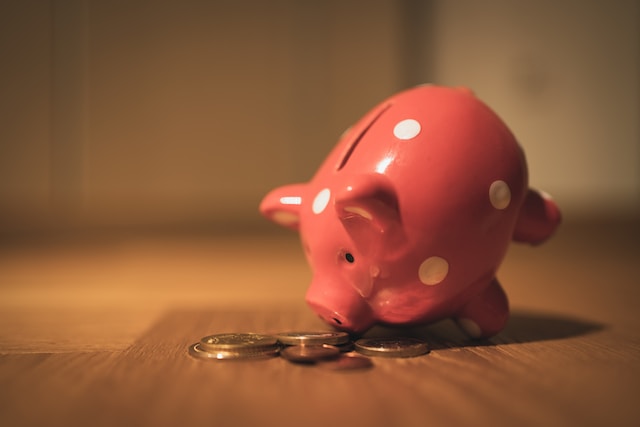 A piggybank with its nose in some coins.