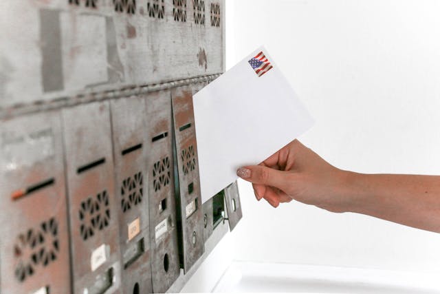 A hand slipping an envelope into a mailbox