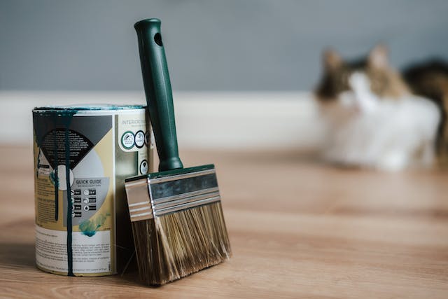 A paint can on the floor with a brush leaning against it, a cat sitting in the background.